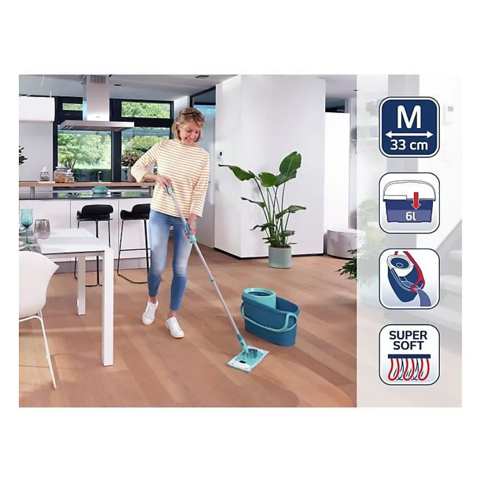 LEIFHEIT Clean Twist M Ergo 52120 Kit de nettoyage sol - Balai a plat lave sol avec housse 33 cm et seau a essorage rotatif faci