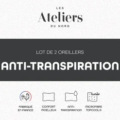 Les Ateliers du Nord - Lot de 2 oreillers Anti-transpiration 60x60cm