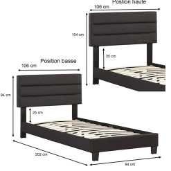Lit 1 place FLORIDA, 90 x 190 cm, capitonné avec sommier, revêtement en tissu noir