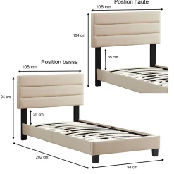 Lit 1 place FLORIDA, 90 x 190 cm, capitonné avec sommier, revêtement en tissu beige