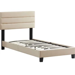 Lit 1 place FLORIDA, 90 x 190 cm, capitonné avec sommier, revêtement en tissu beige