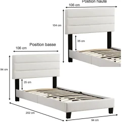 Lit 1 place HUDSON, 90 x 190 cm, capitonné avec sommier, revêtement synthétique blanc