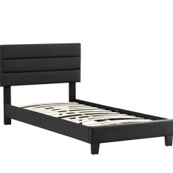 Lit 1 place HUDSON, 90 x 190 cm, capitonné avec sommier, revêtement synthétique noir