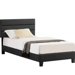 Lit 1 place HUDSON, 90 x 190 cm, capitonné avec sommier, revêtement synthétique noir