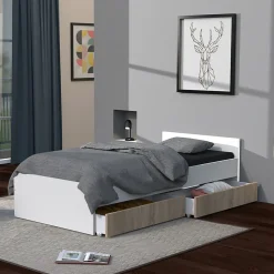 Lit 1 place 90x190cm blanc KIAPA Blanc inclus sommier et 2 tiroirs Chêne pour rangement