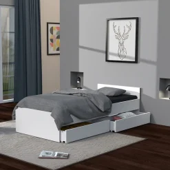 Lit 1 place 90x190cm blanc KIAPA Blanc inclus sommier et 2 tiroirs pour rangement