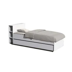 Lit 1 place 90x190cm blanc ROGO inclus tete de lit avec étageres