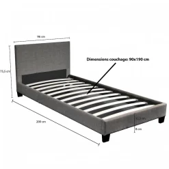 Lit 1 place 90x190cm Tissu Gris foncé avec sommier DUSIN