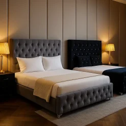 Lit 2 places PRESTIGE velours capitonné 140x190 cm avec sommier à lattes