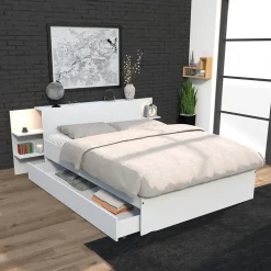 Lit 2 places 140x190cm Blanc CITA inclus sommier et tete de lit chevet et tiroir