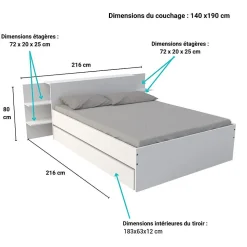 Lit 2 places 140x190cm Blanc CITA inclus sommier et tete de lit chevet et tiroir