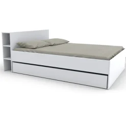 Lit 2 places 140x190cm Blanc ROGO inclus sommier et tete de lit avec étageres et 2 tiroirs