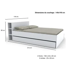 Lit 2 places 140x190cm Blanc ROGO inclus sommier et tete de lit avec étageres et 2 tiroirs