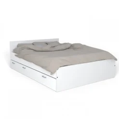 Lit 2 places 140x190cm Blanc TIDO inclus sommier, 1 chevet et 1 tiroir pour rangement