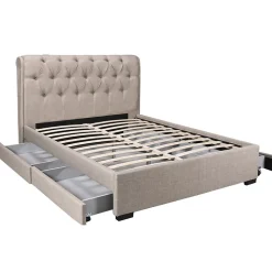 Lit 2 places 140x190cm CHALIN beige avec tête de lit inclus sommier et 4 tiroirs pour rangement