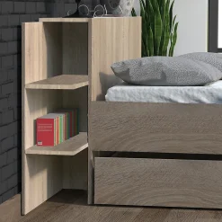 Lit 2 places 140x190cm Chêne CITA inclus sommier et tete de lit chevet et tiroir