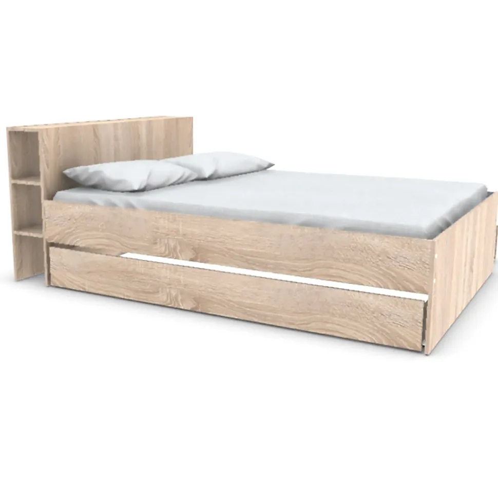 Lit 2 places 140x190cm chêne ROGO inclus sommier et tete de lit avec étageres et 2 tiroirs