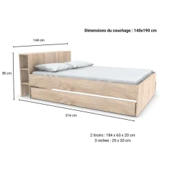 Lit 2 places 140x190cm chêne ROGO inclus sommier et tete de lit avec étageres et 2 tiroirs