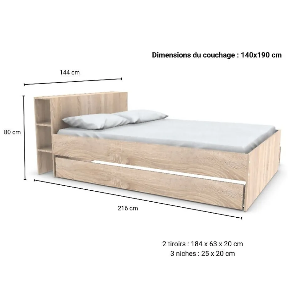 Lit 2 places 140x190cm chêne ROGO inclus sommier et tete de lit avec étageres et 2 tiroirs