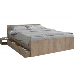 Lit 2 places 140x190cm couleur Chêne TIDO inclus sommier, 1 chevet et 1 tiroir pour rangement