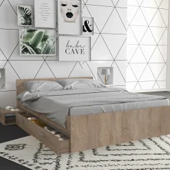 Lit 2 places 140x190cm couleur Chêne TIDO inclus sommier, 1 chevet et 1 tiroir pour rangement