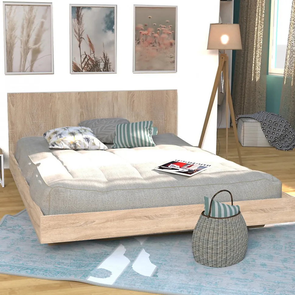 Lit 2 places 140x190cm Couleur chêne LIFA inclus sommier et tête de lit