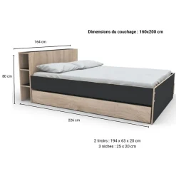 Lit 2 places 160x200cm Noir et chêne ROGO inclus sommier et tete de lit avec étageres et 2 tiroirs