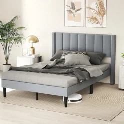 Lit 140 x 200 avec Sommier sans Matelas, Lit Capitonné avec Tete 140CM en Tissu Velours Doux, Lattes Bois, Charge 250KG (7 Bandes)