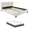 Lit 160 x 200 cm - Simili - Blanc + Matelas - FAUSTIN
