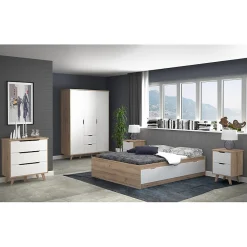 Lit 160 x 200 cm 3 tiroirs décor chêne naturel et blanc mat - ALBANE