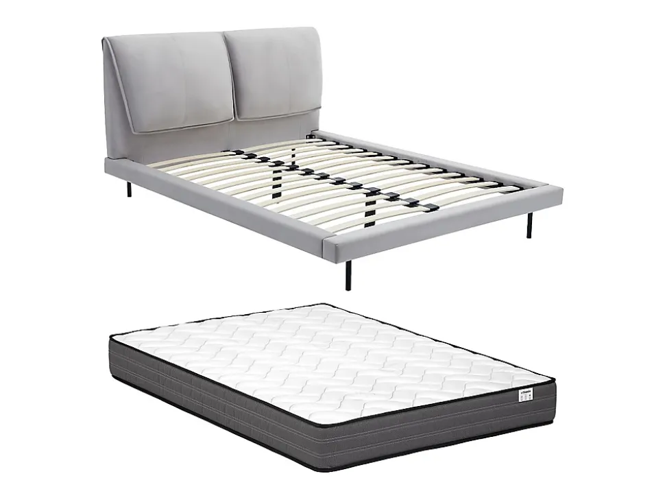 Lit 140 x 190 cm - Velours - Gris + Matelas - IBEDIA