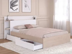 Lit 140 x 190/200 cm avec 4 tiroirs - Coloris : Naturel et blanc + Sommier + Matelas - TILONIDE