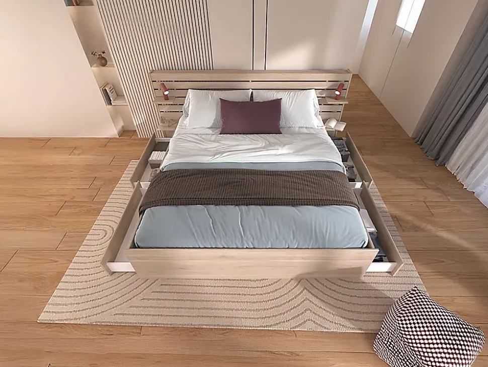 Lit 180 x 200 cm avec 4 tiroirs - Coloris : Naturel + Sommier + Matelas - TENALIA