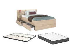Lit 120 x 190 cm avec 4 tiroirs - Coloris : Naturel + Sommier + Matelas - TENALIA