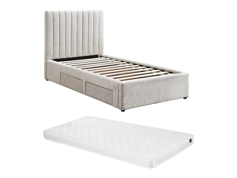 Lit 90 x 190 cm avec 2 tiroirs - Tissu - Beige + Matelas - SARAH