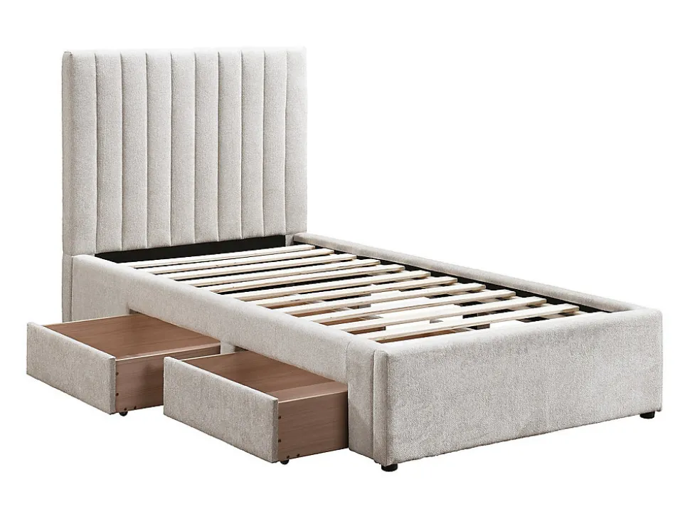 Lit 90 x 190 cm avec 2 tiroirs - Tissu - Beige + Matelas - SARAH
