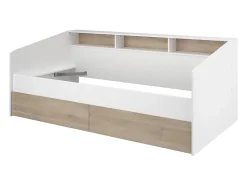 Lit 90 x 190/200 cm avec rangements - Blanc et naturel - PAULETTE