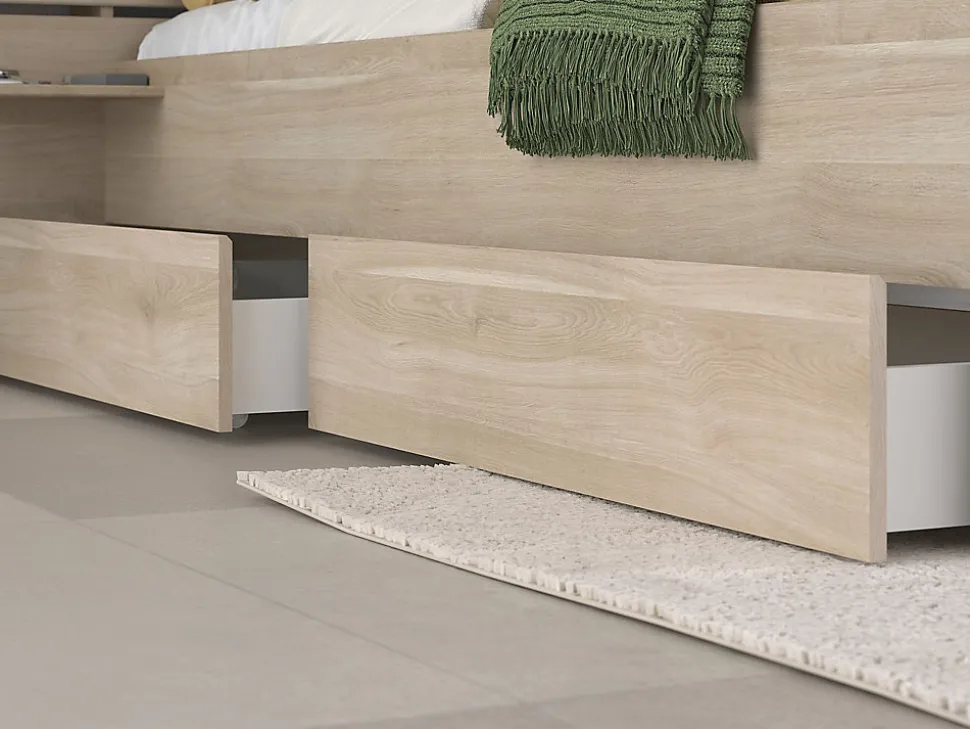 Lit 180 x 200 cm avec rangements - Coloris : Naturel + Sommier + Matelas - TENALIA