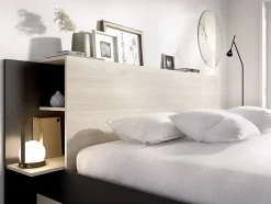 Lit 140 x 190 cm avec rangements - Coloris : Naturel et noir + Sommier + Matelas - KEROSIA
