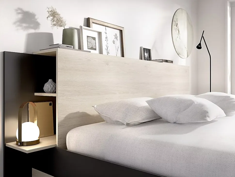 Lit 140 x 190 cm avec rangements - Coloris : Naturel et noir + Sommier + Matelas - KEROSIA