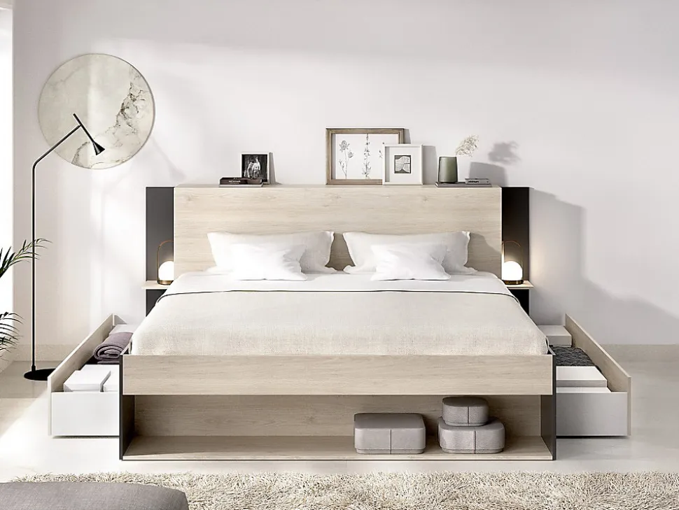 Lit 140 x 190 cm avec rangements - Coloris : Naturel et noir + Sommier + Matelas - KEROSIA