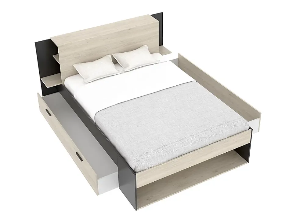 Lit 140 x 190 cm avec rangements - Coloris : Naturel et noir + Sommier + Matelas - KEROSIA