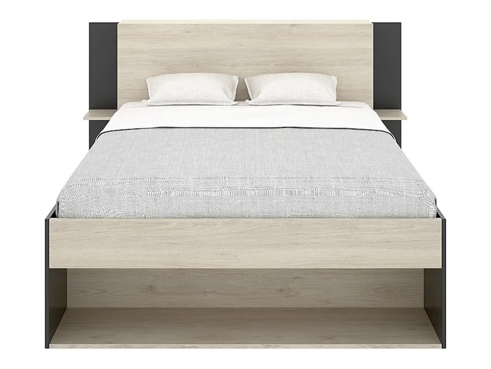 Lit 140 x 190 cm avec rangements - Coloris : Naturel et noir + Sommier + Matelas - KEROSIA