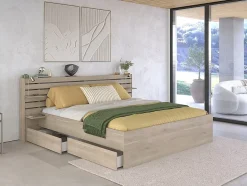 Lit 180 x 200 cm avec rangements - Coloris : Naturel + Sommier - TENALIA