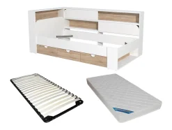 Lit 90 x 190 cm avec rangements - Coloris : Blanc et naturel + Sommier + Matelas - TAMADU