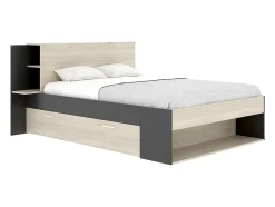 Lit 140 x 190 cm avec rangements - Coloris : Naturel et noir + Sommier - KEROSIA