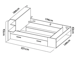 Lit 140 x 190 cm avec rangements - Coloris : Naturel et noir + Sommier - KEROSIA