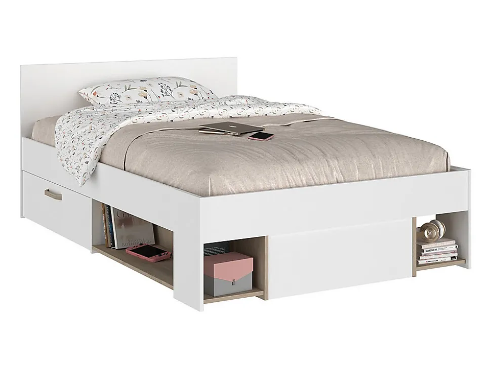 Lit 120 x 190/200 cm avec rangements - Blanc et naturel - KINSELIA