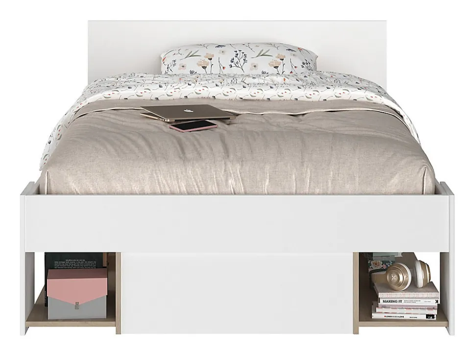 Lit 120 x 190/200 cm avec rangements - Blanc et naturel - KINSELIA