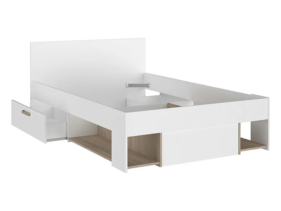 Lit 120 x 190/200 cm avec rangements - Blanc et naturel - KINSELIA